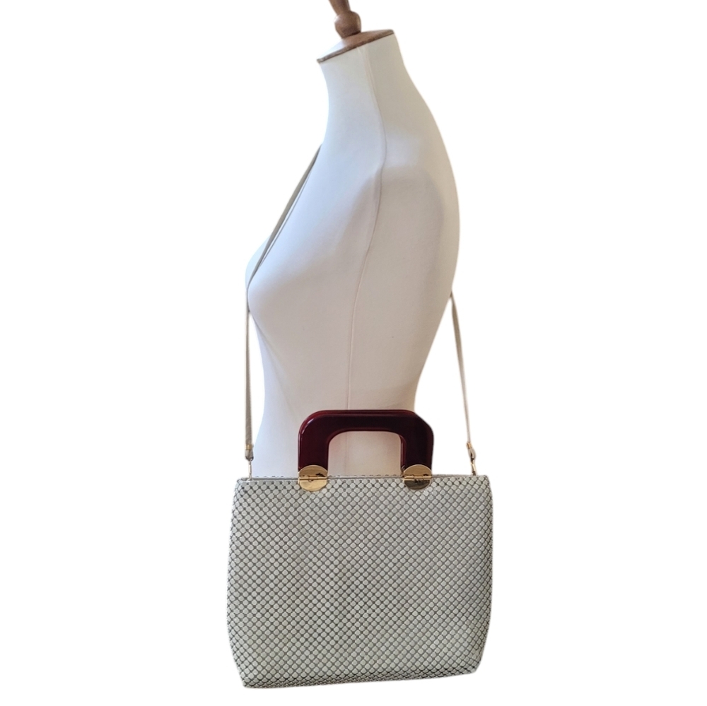 Vintage 1960's Cream‎ Metal Mesh Satchel Shoulder Bag Brown Lucite Handles